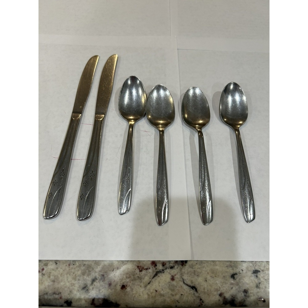 Thor Vintage Stainless Flatware "Starlet" Lot Of 6.  4 Teaspoons, 2 Knives